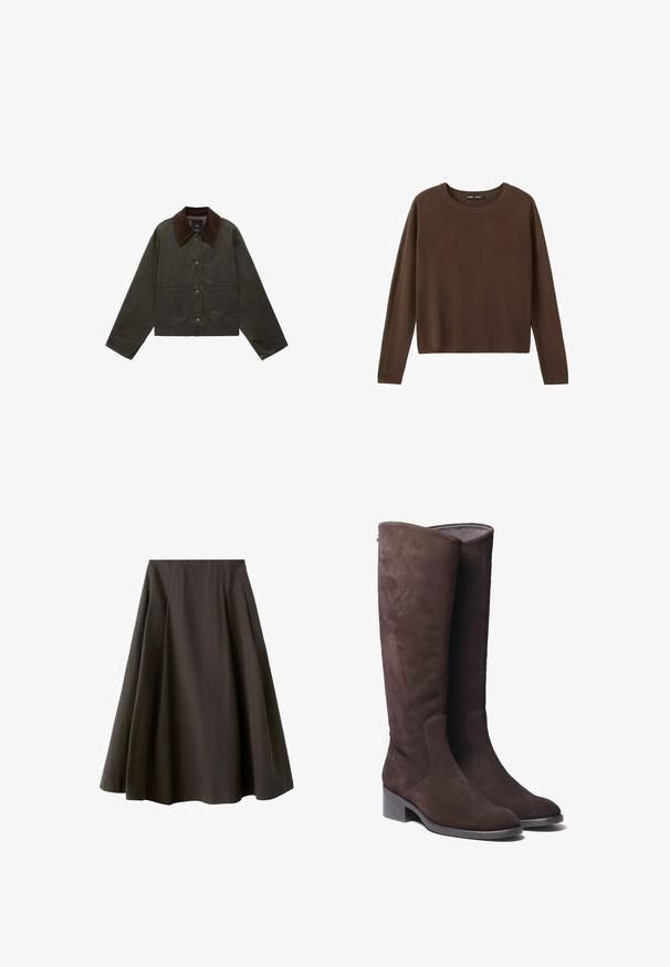 Veste vert olive avec un col en velours côtelé marron, deux poches avant et un bouton de fermeture. Fabriquée en matériau durable, avec un design court.; Pull marron à manches longues avec un col rond, un design simple et uni, et un col, des poignets et un ourlet côtelés.; Jupe noire trapèze à taille haute avec ourlet évasé, fabriquée en tissu lisse, présentée sur fond blanc.; Bottes en daim marron jusqu'au genou avec un embout légèrement arrondi et un petit talon carré. Présente des détails de couture discrets sur les côtés.