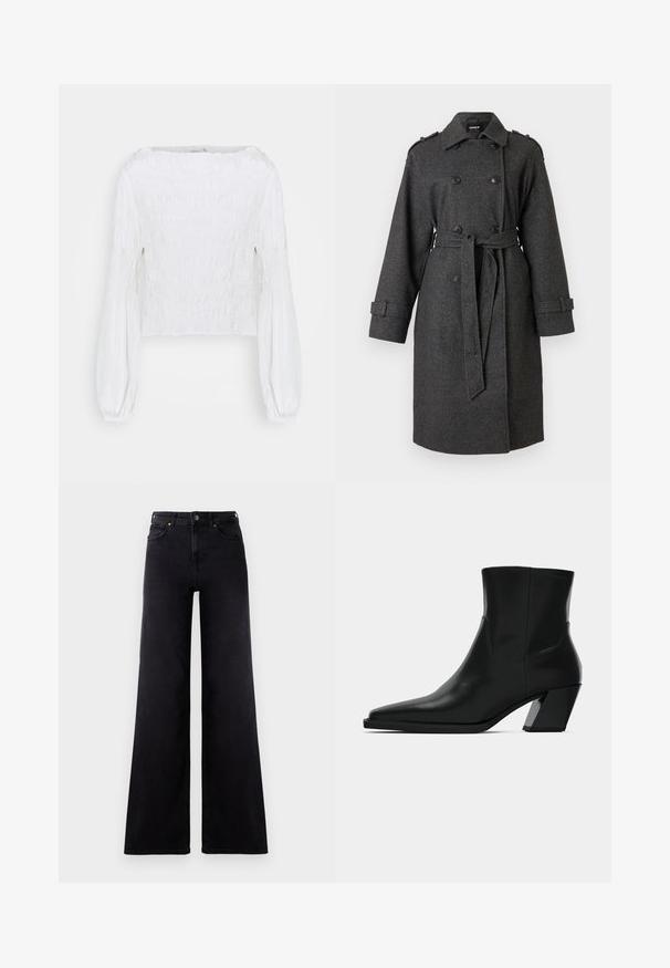Grijze, dubbelbreasted trenchcoat met een riem, gemaakt van gestructureerde stof. Bevat schouderepauletten en knoopmanchetten.; Witte blouse met lange mouwen, een geplooid lijfje en pofmouwen die bij de polsen zijn samengepakt, afgebeeld op een effen achtergrond.; Hoge taille zwarte wijde jeans met voorkruiszakken, riemlussen en een knoopsluiting.; Zwarte leren enkelboot met een spitse neus, een slanke silhoeet en een chunky vierkante hak. Gladde textuur met minimale stikdetails.