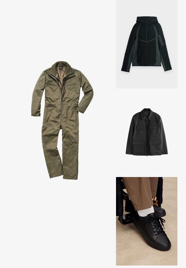 Chaqueta negra con cremallera, cuatro grandes bolsillos con solapa, mangas largas y cuello puntiagudo, mostrada sobre un fondo blanco.; Mono verde oliva hecho de un tejido duradero, con cierre frontal de cremallera, cuello acanalado y múltiples bolsillos con cremallera en el pecho y los lados.; Sudadera negra y gris oscuro con cremallera frontal, gran capucha y bolsillo lateral con cremallera. Presenta un diseño estructurado y paneles en contraste.; Zapatilla deportiva de cuero negro con cordones y cremallera lateral, usada con calcetines blancos y pantalones marrones, pie apoyado en el reposapiés de una silla de ruedas.
