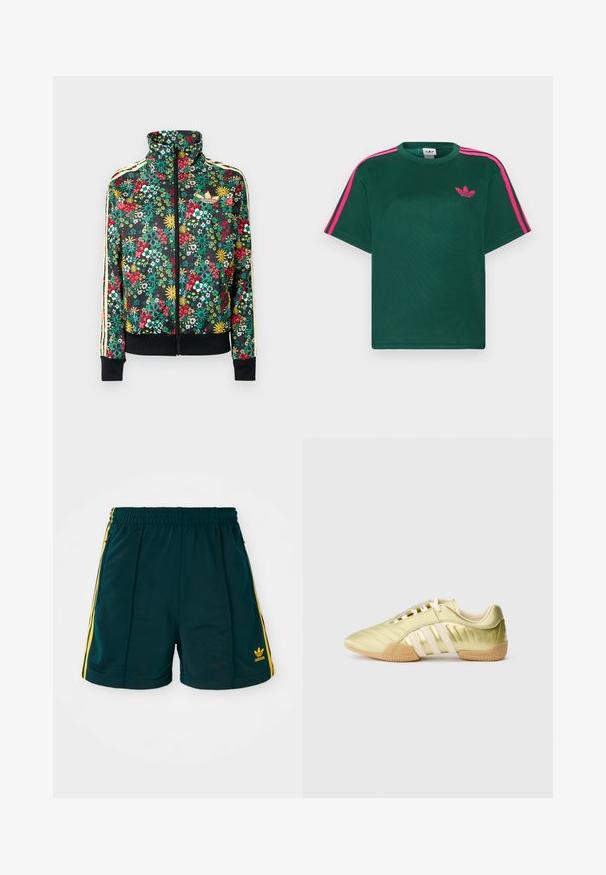 Schwarze Jacke mit Reißverschluss, bunter Blumenmuster, hohem Kragen, gerippten Bündchen und Saum sowie beigen Streifen an den Ärmeln.; Grünes T-Shirt mit kurzen Ärmeln, leuchtend pinken Streifen auf den Schultern und Adidas-Trefoil-Logo auf der Brust.; Dunkelgrüne Sportshorts mit einem elastischen Bund, ausgestattet mit gelben Seitenstreifen und einem gestickten gelben Logo am Unterschenkel.; Limettengrüner synthetischer Sportschuh mit glatter Textur, ausgestattet mit drei weißen Streifen, einem weichen Innenfutter und einer strukturierten Gummisohle.