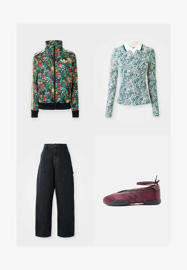 Zwarte jas met ritssluiting, voorzien van een kleurrijke bloemenprint, hoge kraag, geribbelde manchetten en zoom, en beige strepen langs de mouwen.; Een langmouwig, getailleerd shirt met een teal en wit bloemmotief en een witte kraag met teal afwerking op een effen achtergrond.; Zwarte denim cargo broek met wijde been, hoge taille, twee grote voorkanten zakken en een knoopsluiting bij de taille. Soepele textuur, casual ontwerp.; Bordeauxrode ballerina met zwarte zool, elastische enkelbandjes die in een strik zijn gebonden, en gestikte details aan de zijkanten, gezien vanaf de buitenkant.