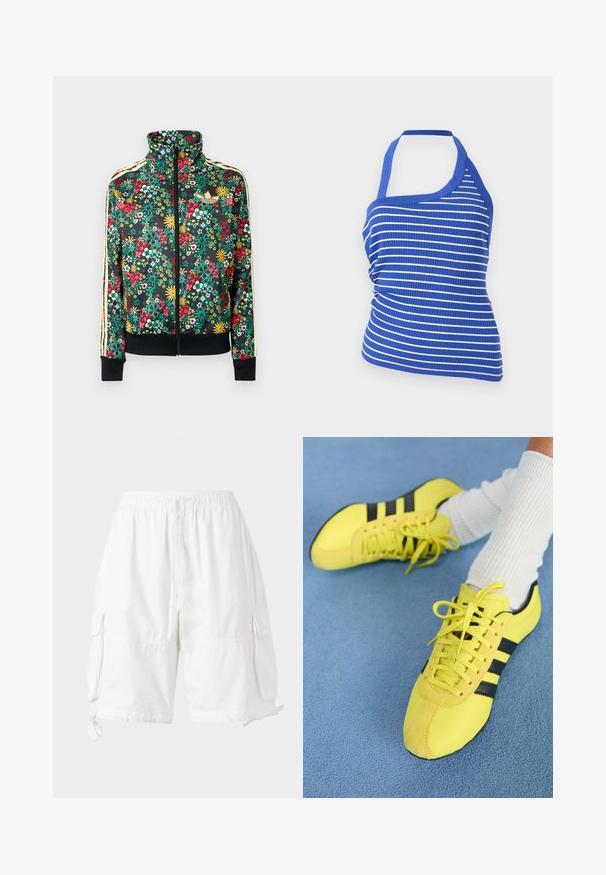 Sort lynlåstrøje med farverigt blomsterprint, høj krave, ribbede manchetter og kant samt beige striber langs ærmerne.; Blå og hvid vandret stribet ribbet halterneck crop top med rynkede sider.; Hvide cargo shorts med elastik i taljen og snoretræk, med to sidelommer og justerbare kantbindinger. Fremstillet af letvægtsstof.; Lys gule atletiksko med sorte striber og snørebånd; har en struktureret overdel og suedefornum. Brugt med hvide ribbede sokker.
