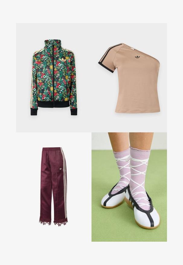 Sort lynlåstrøje med farverigt blomsterprint, høj krave, ribbede manchetter og kant samt beige striber langs ærmerne.; Beige én-skulder sportstop med sorte striber på kort ærme og lille sort Adidas-logo på brystet.; Bordeaux satin træningsbukser med hvide sidelommer, elastisk talje, lynlåslommer og blondekant ved kanten.; Ben iført ribbet lilla sokker med hvide krydsede stropper kombineret med hvide balletsko med sort kant på grøn gulv.
