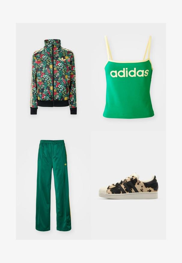 Chaqueta negra con cremallera y estampado floral colorido, cuello alto, puños y dobladillo acanalados, y rayas beige a lo largo de las mangas.; Top verde con detalles amarillos, hecho de material elástico. Presenta un gran logo de "adidas" amarillo en el frente y tirantes delgados.; Pantalones deportivos de satén verdes con un corte relajado, que presentan acentos de rayas amarillas y un logotipo bordado en el lado izquierdo. Cintura elástica.; Zapatilla con patrón de piel de vaca en beige y negro, tres rayas negras, punta de goma blanca y suela texturizada. Presenta cordones y marca.