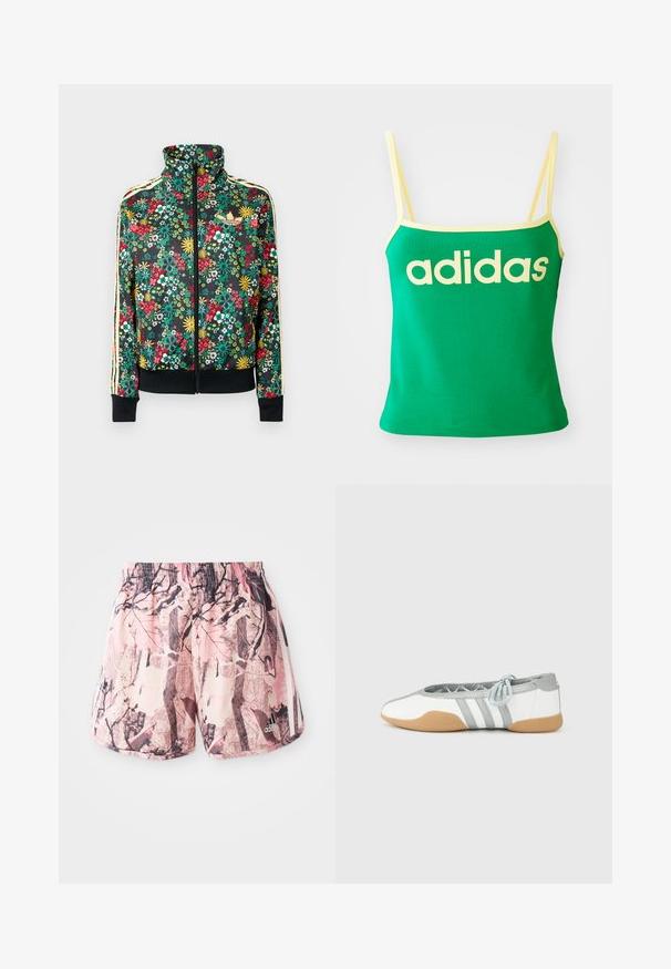 Chaqueta negra con cremallera y estampado floral colorido, cuello alto, puños y dobladillo acanalados, y rayas beige a lo largo de las mangas.; Top verde con detalles amarillos, hecho de material elástico. Presenta un gran logo de "adidas" amarillo en el frente y tirantes delgados.; Shorts de color rosa y marrón con un estampado, un cinturón elástico y franjas laterales, que presentan un diseño gráfico que se asemeja a follaje y ramas.; Bailarinas blancas y grises con punta redondeada y cordón elástico, con tres rayas grises y suela de goma beige.