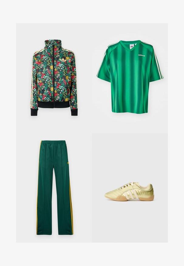 Sort lynlåstrøje med farverigt blomsterprint, høj krave, ribbede manchetter og kant samt beige striber langs ærmerne.; Grønstribet T-shirt med korte ærmer, V-hals og Adidas-logo. Har kontrasterende hvide sidelister og en glat, letvægtsstof.; Grønne sportbukser med gule striber i siden, elastisk taljebånd og to sidelommer. Fremstillet af glat, let materiale.; Limegrøn syntetisk sportssko med en glat tekstur, der har tre hvide striber, en blød indvendig foring og en tekstureret gummiydersål.