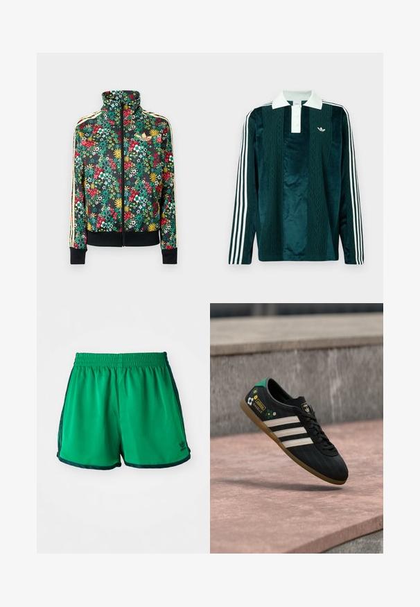 Chaqueta negra con cremallera y estampado floral colorido, cuello alto, puños y dobladillo acanalados, y rayas beige a lo largo de las mangas.; Polo de manga larga en terciopelo verde oscuro con acentos blancos. Presenta una tapeta de tres botones, logo bordado y tres franjas blancas en las mangas.; Pantalones cortos deportivos verdes con una textura suave, cinturilla elástica y acentos laterales en verde oscuro. Presentan el logo de Adidas en el dobladillo inferior.; Zapatilla deportiva negra con rayas blancas, parte superior con estampado que presenta detalles florales y un talón verde. Suela de goma que proporciona tracción.