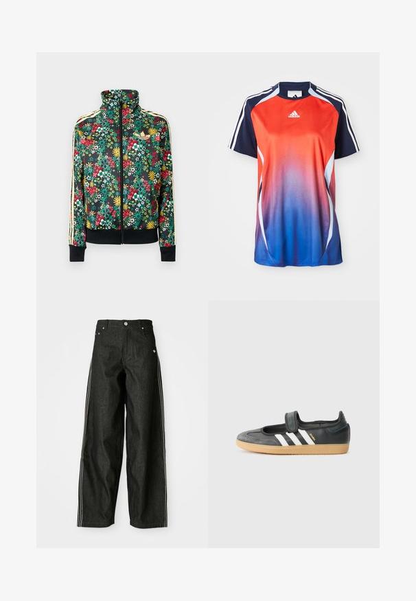 Chaqueta negra con cremallera y estampado floral colorido, cuello alto, puños y dobladillo acanalados, y rayas beige a lo largo de las mangas.; Camisa deportiva de manga corta de Adidas con un degradado que va del rojo al azul, con detalles en azul marino y rayas blancas a lo largo de los hombros.; Pantalones anchos de mezclilla negra con rayas laterales blancas, que cuentan con bolsillos delanteros, una bragueta con botones y un logo sutil cerca de la cintura.; Zapatilla de deporte de cuero negro y ante con una correa de Velcro, que presenta tres rayas blancas y una suela de goma, etiquetada "SAMBA" en el lateral.