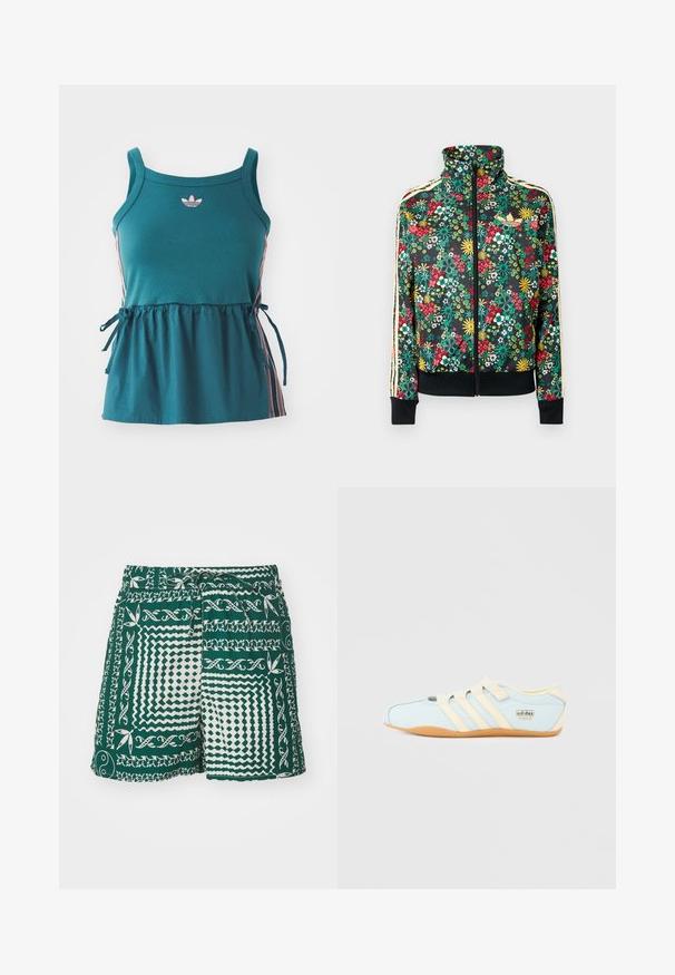 Veste noire à fermeture éclair avec imprimé floral coloré, col montant, poignets et ourlet côtelés, et bandes beiges le long des manches.; Haut sans manches teal avec taille froncée, rayures latérales roses et logo brodé. Fabriqué en matériau doux avec une coupe décontractée et des accents à nouer.; Shorts verts avec des motifs blancs incluant des formes géométriques et des motifs floraux. Dotés d'une taille avec cordon de serrage et d'une coupe décontractée.; Baskets Adidas Tokyo bleu clair avec trois bandes beiges, sangles beiges et semelle en gomme sur un fond blanc uni.