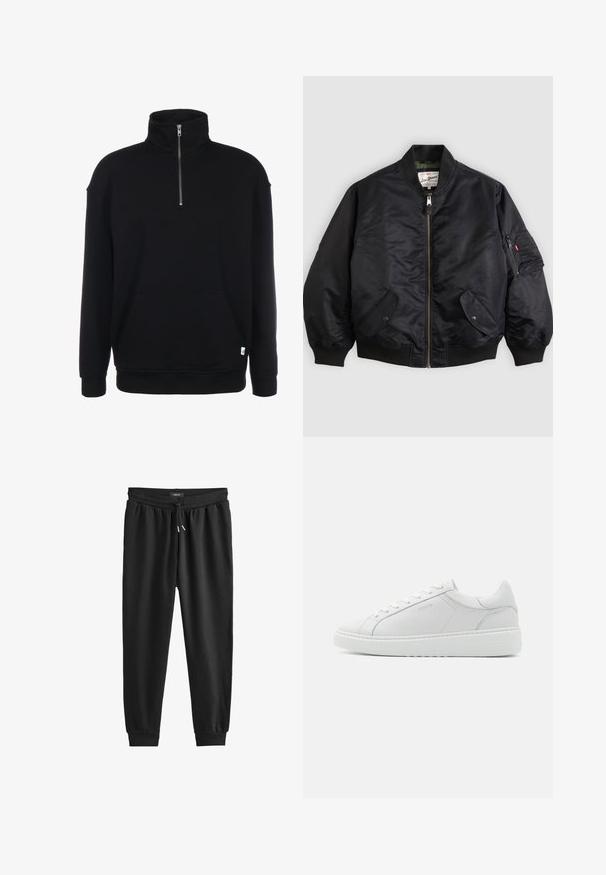 Schwarze Bomberjacke mit durchgehendem Reißverschluss, gerippten Bündchen und Saum, zwei Pattentaschen mit Druckknopf und einer Reißverschlusstasche am Ärmel.; Schwarzer Sweatshirt mit Zip-Kragen, langen Ärmeln, weicher Textur, einer Fronttasche und einem kleinen grünen Logo am Saum.; Schwarze Jogginghose aus weichem Stoff, mit einem elastischen Bund und Kordelzug, schmal zulaufenden Beinen und gerippten Bündchen an den Knöcheln.; Weißer Ledersneaker mit glatter Textur, runder Zehenpartie, niedrigem Profil und dezentem Branding an der Seite. Gepolsterter Schaft und Schnürsenkel.