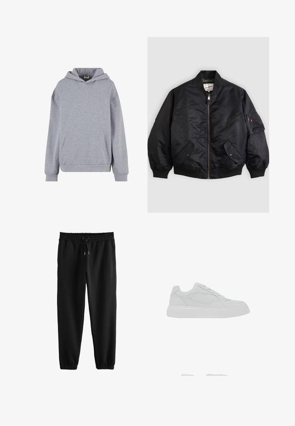 Zwarte bomberjack met ritssluiting aan de voorkant, geribde manchetten en zoom, twee klepzakken met drukknoop en een zak met ritssluiting op de mouw.; Lichtgrijze pullover hoodie met lange mouwen, voorzak met kangoeroezak en geribde boorden op een witte achtergrond.; Zwarte joggerbroek met elastische tailleband, verstelbaar trekkoord, zijzakken en elastische boorden bij de enkels.; Witte lage sneaker met vetersluiting, een bovenwerk van glad leer en een dikke rubberen zool, gezien vanaf de buitenkant.
