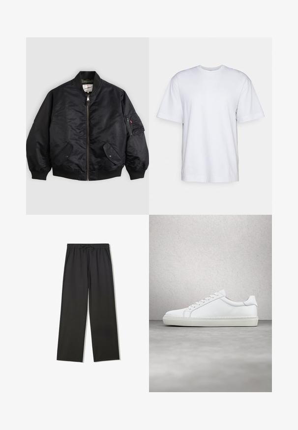 Sort bomberjakke med lynlås foran, ribstrikkede manchetter og kant, to klaplommer med trykknapper og lynlåslomme på ærmet.; Filippa K HEAVY CREW NECK TEE - T-shirts basic - white; Sorte bukser med elastisk talje, snørebånd og sidelommer, med en afslappet pasform og lige ben.; Hvide sneakers med en glat læderoverdel og lav profil. Har en rund tå, seks snørehuller og en tekstureret gummisål.