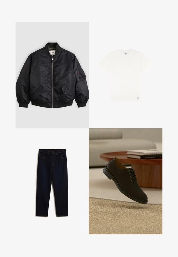 Schwarze Bomberjacke mit durchgehendem Reißverschluss, gerippten Bündchen und Saum, zwei Pattentaschen mit Druckknopf und einer Reißverschlusstasche am Ärmel.; Schlichtes weißes T-Shirt mit kurzen Ärmeln und Rundhalsausschnitt, mit kleinen Lee-Markenetiketten am Kragen und am unteren Saum.; Vans Jeans Relaxed Fit - dark blue; Schwarzer Leder-Schnürschuh, der über einem beige strukturierten Teppich schwebt, mit einem Holzcouchtisch und gestapelten Büchern im Hintergrund.