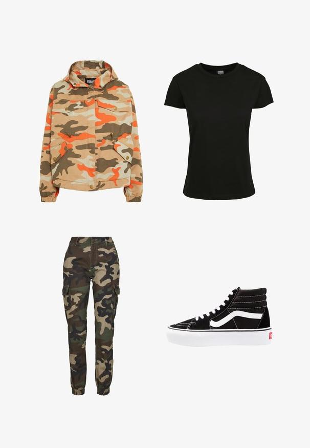Camo jakke med hætte. Fremstillet af bomuld, med orange, brun og beige mønstre, to frontlommer og elastiske manchetter.; Sort kortærmet t-shirt lavet af bomuld. Har en rund hals og en standard pasform med en glat tekstur. Ingen synlige mønstre eller accenter.; Kamuflage cargo bukser i nuancer af grøn, brun og sort; har elastiske manchetter, sidelommer og en sikker knaplukning.; Sorte høj-top sneakers med hvide snørebånd, et hvidt logo og kontrasterende hvid syning. Har en tyk hvid sål og struktureret ruskindsoverdel.