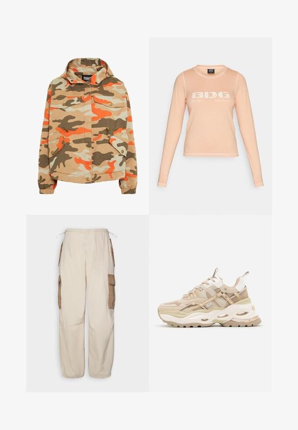 Camo jakke med hætte. Fremstillet af bomuld, med orange, brun og beige mønstre, to frontlommer og elastiske manchetter.; Langærmet ferskenfarvet t-shirt lavet af blødt stof, med en hvid grafisk tryk "BIDG EST. 1998 BUILT TO LAST" på forsiden og kontrastsyninger.; BDG Urban Outfitters CONTRAST - Cargobukser - beige; Beige og hvide chunky sneakers med tyk sål, mesh- og læderpaneler, ovale udskæringer i mellemsålen, trækstropper på tunge og hæl.