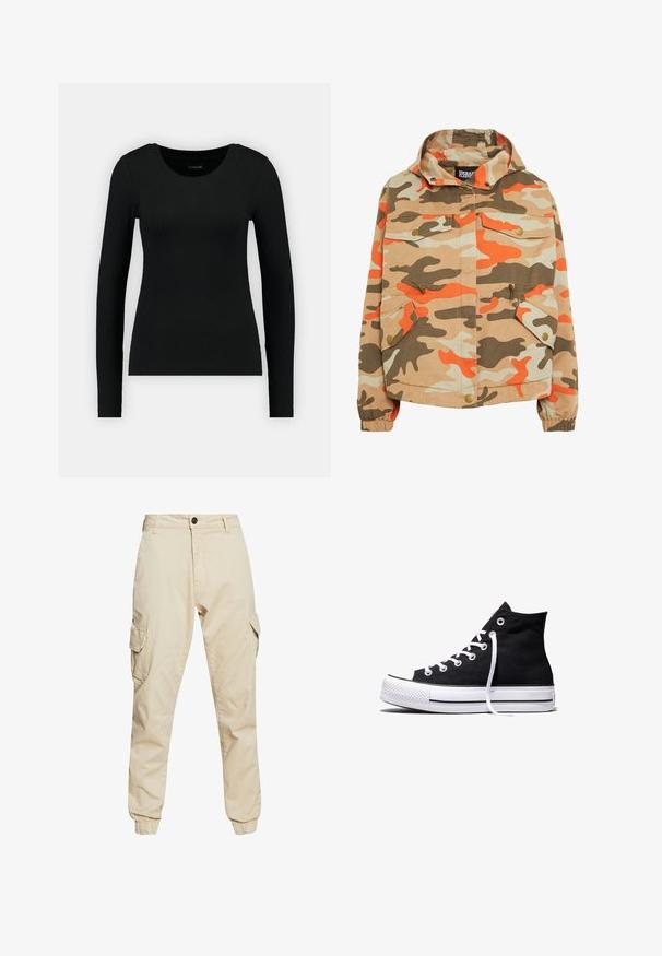 Vihreä kamofarkkutakki hupulla. Valmistettu puuvillasta, jossa on oranssia, ruskeaa ja beigenvärisiä kuvioita, kaksi etutaskua ja joustavat hihansuut.; Musta pitkähihais shirt ribbed-kankaasta. Ominaisuudet: pyöreä pääntie ja istuva siluetti. Yksinkertainen muotoilu ilman kuvioita tai korostuksia.; Beige cargo-housut klassisella leikkauksella, joissa on kaksi sivutaskua, elastiset hihansuut ja pehmeä puuvillakangas, jossa on sileä pinta.; Musta korkeavartinen kangastennari, jossa valkoinen kumipohja ja valkoiset nauhat, esitetty sivusta valkoisella taustalla.