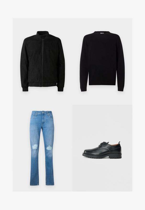 Μαύρο bomber jacket με φερμουάρ, ριμπ γιακά και μανίκια, και λεία υφή. Φτιαγμένο από ανθεκτικό, μαλακό υλικό.; Μαύρο πλεκτό πουλόβερ με στρογγυλή λαιμόκοψη, μακριά μανίκια και ribbed μανσέτες και στρίφωμα. Λείο υλικό με μινιμαλιστικό σχέδιο.; Ανοιχτό μπλε τζιν παντελόνι με ίσια γραμμή, διαθέτοντας φθαρμένο γόνατο με τριμμένες άκρες και κλασικό σχέδιο πέντε τσεπών.; Μαύρα δερμάτινα παπούτσια derby με λεία υφή, στρογγυλή μύτη, σχέδιο με κορδόνια και χοντρή, ανθεκτική καουτσούκ σόλα.