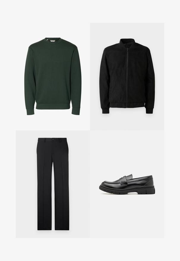 Chaqueta bomber negra con cierre de cremallera, cuello y puños acanalados, y textura suave. Fabricada con un material duradero y suave.; Sudadera de cuello redondo de manga larga en verde oscuro, con puños y dobladillo acanalados, diseño sencillo sin logotipos ni patrones visibles.; Pantalones negros a medida con corte recto, tejido suave, pliegues frontales y un cierre de botón en la cintura.; Mocasin de cuero negro con una cinta ancha en el empeine, suela de goma con tacos gruesos y textura suave. Diseño clásico y elegante.