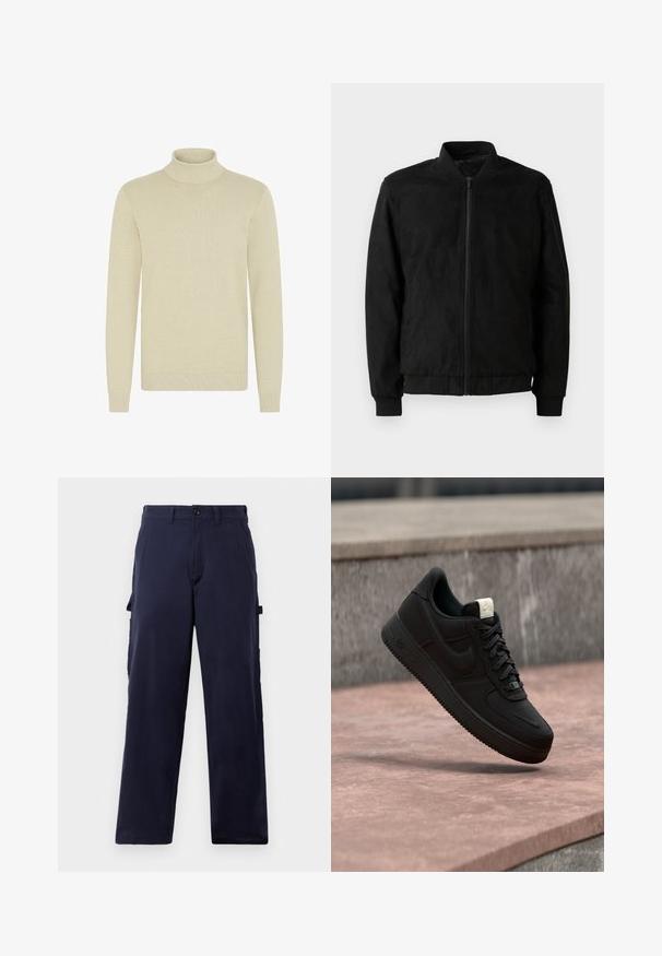 Veste bomber noire avec fermeture éclair, col et poignets côtelés, et texture lisse. Fabriquée dans un matériau durable et doux.; Pull col roulé beige clair avec un motif de tricot texturé, manches longues et poignets et ourlet côtelés. Tissu doux et confortable.; Pantalons bleus marine à jambes droites avec passants de ceinture, fermeture à bouton sur le devant et poches latérales pour outils, présentés sur un fond blanc.; Baskets Nike Air Force 1 noires flottant au-dessus d’un rebord en béton rose avec un fond en pierre grise, montrant des détails latéraux et supérieurs.