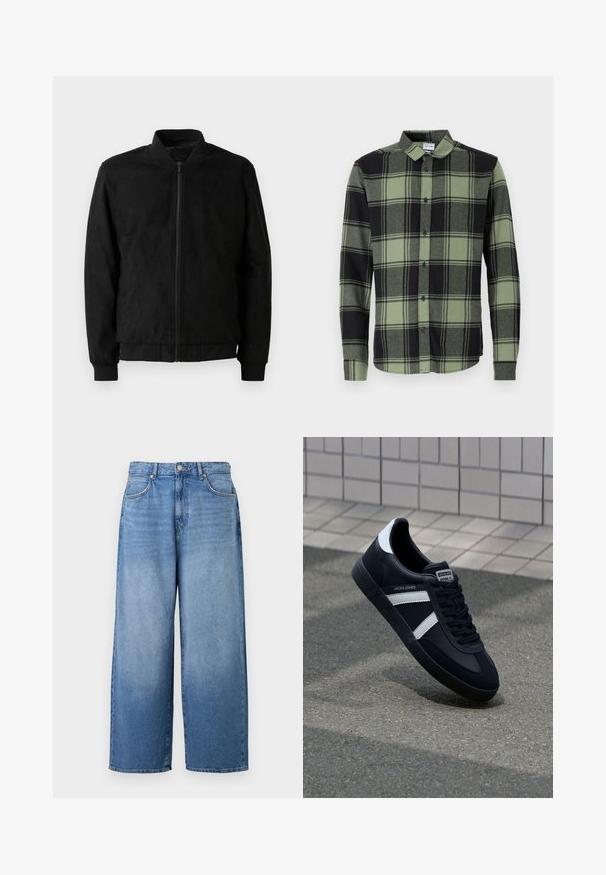 Zwarte bomberjack met ritssluiting, ribbelkraag en -manchetten, en een gladde textuur. Gemaakt van een duurzame, zachte stof.; Donkergroene en zwarte geruite button-up shirt met lange mouwen, met een klassieke kraag en blauwe knopen. Zachte, gestructureerde stof.; Lichte blauwe denim jeans met wijde pijpen en een licht vervaagde afwerking. Voorzien van een klassiek vijf zakken ontwerp en metalen knoopsluiting.; Zwarte leren sneaker met witte strepen, een gestructureerde rubberen zool en vetersluiting aan de voorkant. Voorzien van een merklabel op de tong.