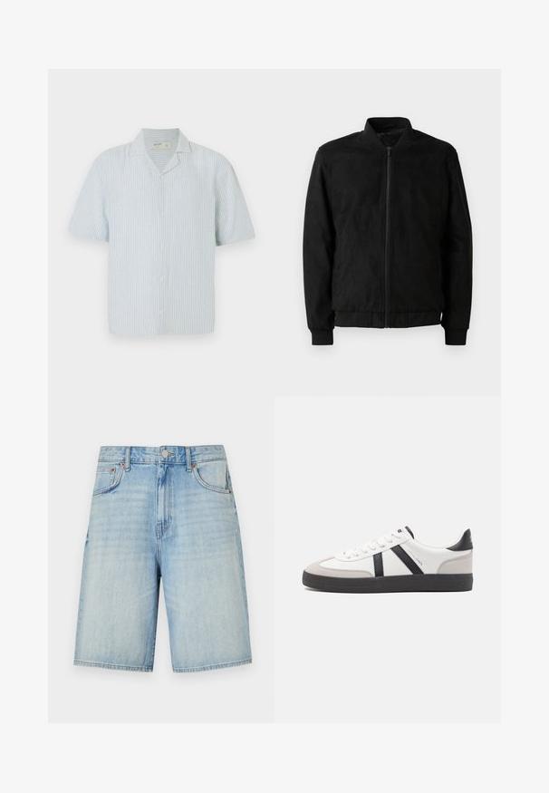 Veste bomber noire avec fermeture éclair, col et poignets côtelés, et texture lisse. Fabriquée dans un matériau durable et doux.; Chemise à manches courtes avec boutons, en rayures bleu clair et blanches. Dotée d'un col classique et d'une coupe décontractée, fabriquée dans un tissu léger.; Shorts en denim bleu clair avec une coupe droite, dotés d'une fermeture à bouton et à fermeture éclair, de cinq poches et d'une finition légèrement délavée.; Baskets blanches avec des accents noirs et gris, présentant un embout texturé gris, une semelle en caoutchouc noir et des lacets plats blancs. Design épuré, style minimaliste.