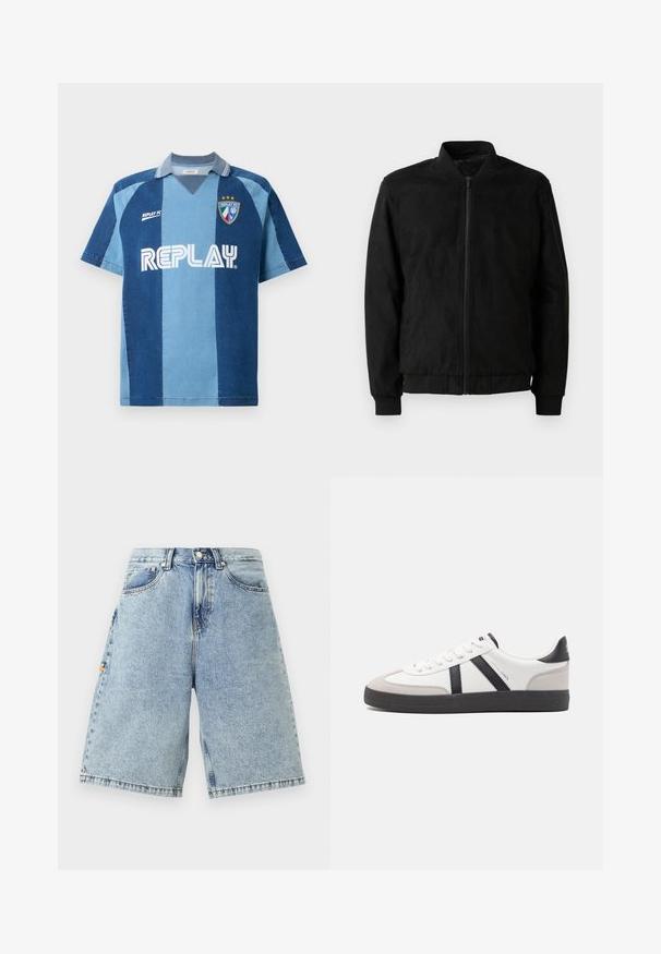 Sort bomberjakke med lynlås, ribbet krave og manchetter samt glat overflade. Fremstillet af et slidstærkt, blødt materiale.; Denim-inspireret jersey med korte ærmer, der har et mørkeblåt og lyseblåt stribet design, V-hals, og "REPLAY" logoet præsenteret tydeligt.; Blå denim shorts med høj talje, løs pasform, fem lommer og synlige sy-detaljer. Glat tekstur med en lys vaskefinish.; Hvide sneakers med sorte og grå detaljer, med en tekstureret grå tåhætte, sort gummisål og flade hvide snørebånd. Rent design, minimalistisk stil.