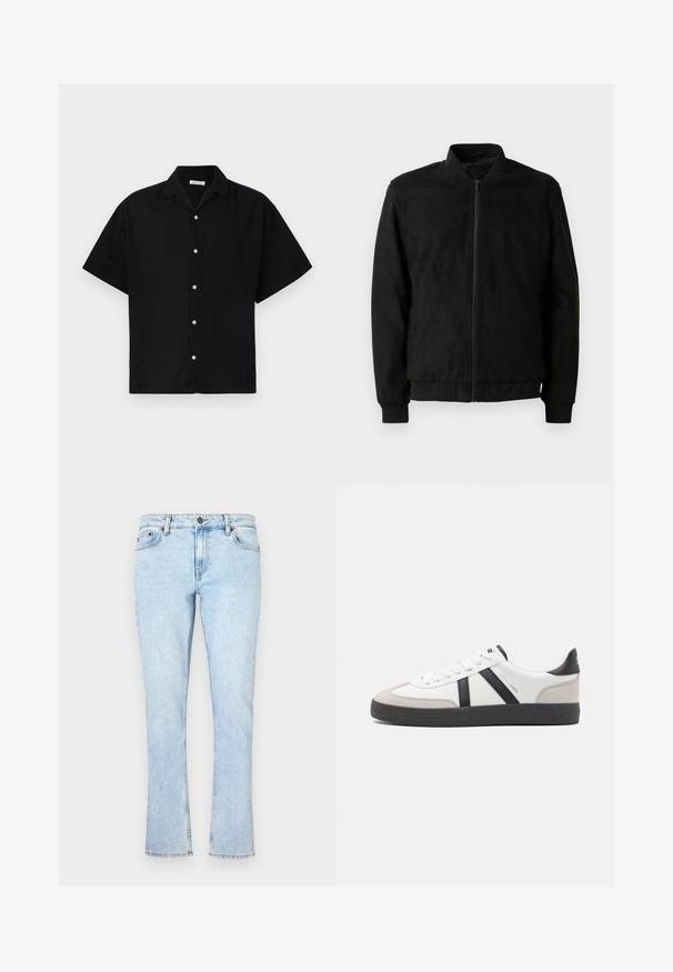 Μαύρο bomber jacket με φερμουάρ, ριμπ γιακά και μανίκια, και λεία υφή. Φτιαγμένο από ανθεκτικό, μαλακό υλικό.; Μαύρο μπλουζάκι κοντό μανίκι από βαμβάκι με κουμπιά μπροστά, κλασικό γιακά και λευκά κουμπιά. Απλός, καθαρός σχεδιασμός χωρίς μοτίβα.; Ανοιχτό μπλε τζιν παντελόνι με ίσια γραμμή, που διαθέτει κούμπωμα με κουμπί, πέντε τσέπες και διακριτική φθορά για υφή.; Λευκό αθλητικό παπούτσι με μαύρες και γκρί λεπτομέρειες, featuring ένα υφή γκρί καλύμμα δαχτύλου, μαύρη καουτσούκ σόλα και επίπεδες λευκές κορδόνες. Καθαρός σχεδιασμός, μινιμαλιστικό στυλ.