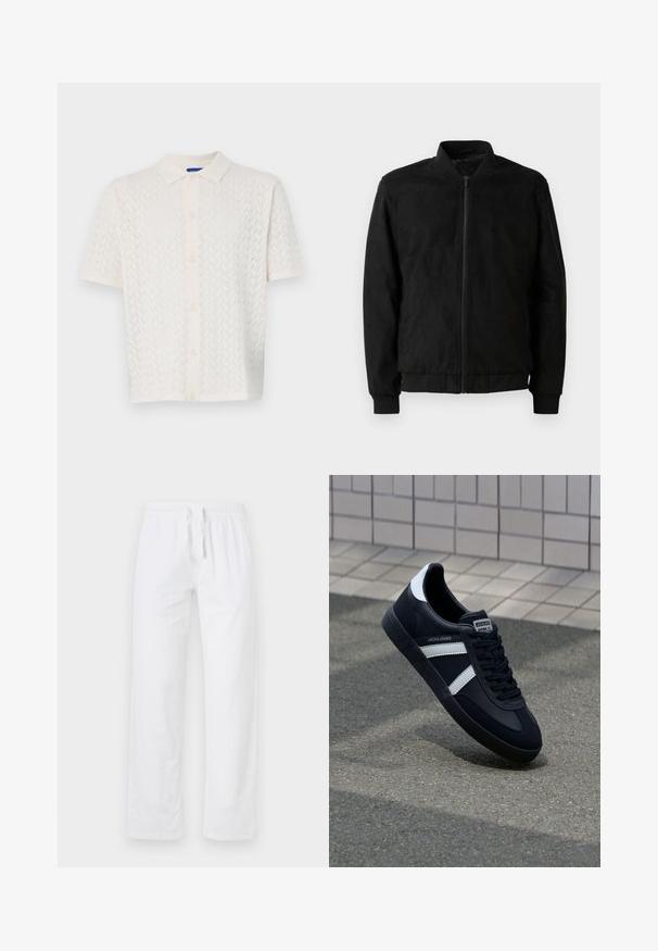 Zwarte bomberjack met ritssluiting, ribbelkraag en -manchetten, en een gladde textuur. Gemaakt van een duurzame, zachte stof.; Korte mouw polo in off-white, met een textuurpatroon, knoopsluiting aan de voorkant en een klassiek kraagontwerp.; Witte, lichte katoenbroek met een elastische tailleband en trekband; heeft wijde pijpen en een glad, niet-geweven oppervlak.; Zwarte leren sneaker met witte strepen, een gestructureerde rubberen zool en vetersluiting aan de voorkant. Voorzien van een merklabel op de tong.