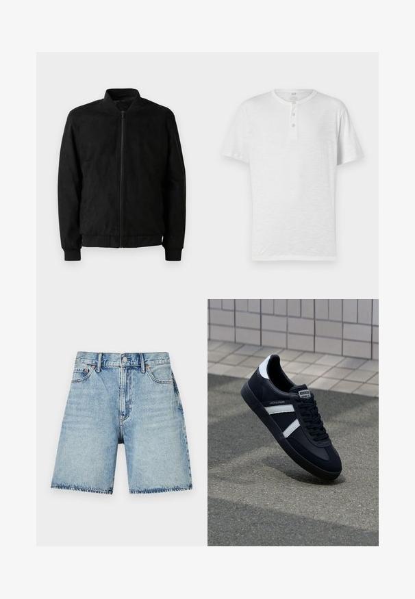Schwarze Bomberjacke mit Reißverschluss, geripptem Kragen und Bündchen sowie glatter Textur. Hergestellt aus einem strapazierfähigen, weichen Material.; Weißes kurzärmliges Henley-T-Shirt mit einer Drei-Knopf-Leiste, aus leichtem, leicht strukturiertem Stoff. Rundhalsausschnitt, lässige Passform.; Helle blaue Jeansshorts mit geradem Schnitt, fünf Taschen und sichtbaren Nähten. Mit Knopfverschluss vorne.; Schwarze Leder-Sneaker mit weißen Streifen, strukturiertem Gummisohle und Schnürung. Verfügt über ein Markenetikett auf der Zunge.