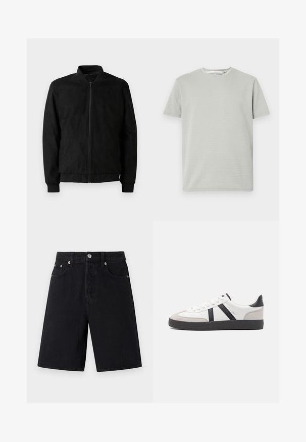 Μαύρο bomber jacket με φερμουάρ, ριμπ γιακά και μανίκια, και λεία υφή. Φτιαγμένο από ανθεκτικό, μαλακό υλικό.; Ανοιχτό γκρίζο κοντομάνικο μπλουζάκι με υφασμάτινο σχέδιο, στρογγυλή λαιμόκοψη και ευθεία ραφή. Φτιαγμένο από μαλακό, αναπνεύσιμο ύφασμα.; Μαύρες τζιν σορτς με ίσια γραμμή. Περιλαμβάνουν φερμουάρ, πέντε τσέπες, ασημί μεταλλικά στοιχεία και μια διακριτική υφή.; Λευκό αθλητικό παπούτσι με μαύρες και γκρί λεπτομέρειες, featuring ένα υφή γκρί καλύμμα δαχτύλου, μαύρη καουτσούκ σόλα και επίπεδες λευκές κορδόνες. Καθαρός σχεδιασμός, μινιμαλιστικό στυλ.