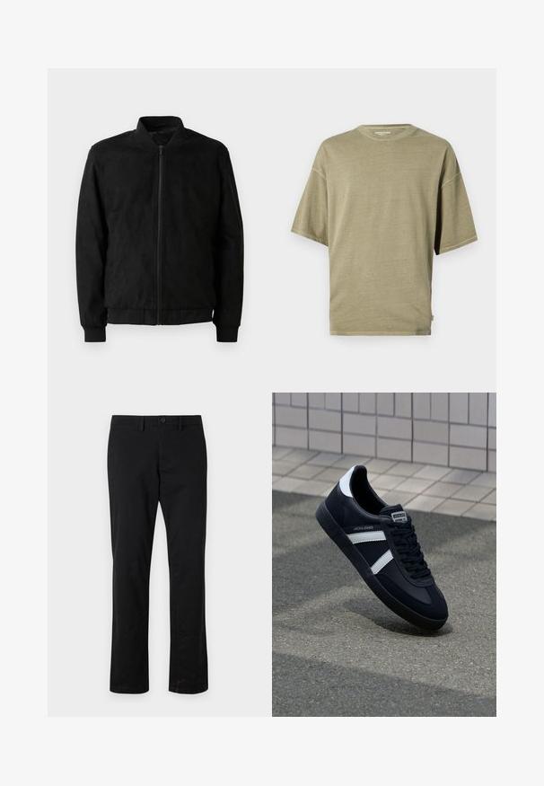 Μαύρο bomber jacket με φερμουάρ, ριμπ γιακά και μανίκια, και λεία υφή. Φτιαγμένο από ανθεκτικό, μαλακό υλικό.; Κοντομάνικο μπλουζάκι ελιάς φτιαγμένο από μαλακό ύφασμα, με στρογγυλή λαιμόκοψη και χαλαρή εφαρμογή με ραμμένα τελειώματα.; Μαύρο παντελόνι straight-leg από βαμβάκι, με κλείσιμο μπροστά με κουμπί, τυπικές τσέπες και ελάχιστη υφή.; Μαύρα δερμάτινα αθλητικά παπούτσια με λευκές ρίγες, υφασμάτινη σόλα από καουτσούκ και κορδόνια. Διαθέτουν λογότυπο στη γλώσσα του παπουτσιού.