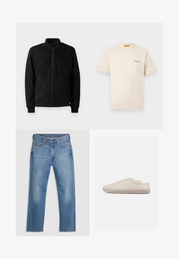 Chaqueta bomber negra con cierre de cremallera, cuello y puños acanalados, y textura suave. Fabricada con un material duradero y suave.; Replay Inc. ESSENTIAL LOGO UNISEX - Camiseta básica - ivory; Vaqueros de mezclilla azul de pierna recta con cierre frontal de botón y cremallera, trabillas para cinturón y diseño de cinco bolsillos sobre un fondo blanco.; Zapatilla beige de ante con parte superior texturizada, contrafuerte de talón blanco liso, cordones finos y suela de goma. Presenta un diseño de perfil bajo.