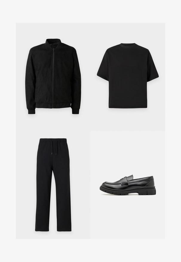 Veste bomber noire avec fermeture éclair, col et poignets côtelés, et texture lisse. Fabriquée dans un matériau durable et doux.; T-shirt noire à manches courtes au fit ample, fabriquée en coton lisse, avec un col rond et un design minimaliste.; Jack & Jones JPSTKANE JJCHARGE UNCUFFED - Pantalon de survêtement - black; Mocassin en cuir noir avec une large sangle sur le devant, semelle en caoutchouc à épaisse rainure, et texture lisse. Design classique et élégant.