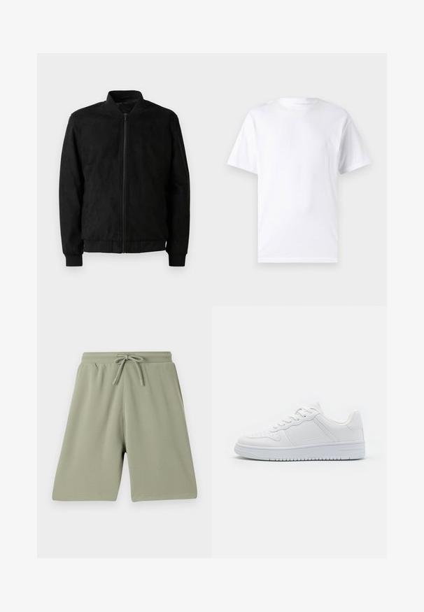 Veste bomber noire avec fermeture éclair, col et poignets côtelés, et texture lisse. Fabriquée dans un matériau durable et doux.; T-shirt blanc à manches courtes en coton avec un col rond, présentant une texture lisse et un design simple, sans motifs ni accents.; Shorts vert clair en tissu texturé avec une taille élastique et un cordon de serrage. Coupe droite et design à longueur de genou.; Baskets blanches en matière synthétique lisse, avec des lacets plats, une pointe perforée et une semelle en caoutchouc dotée d'un motif de grip texturé.