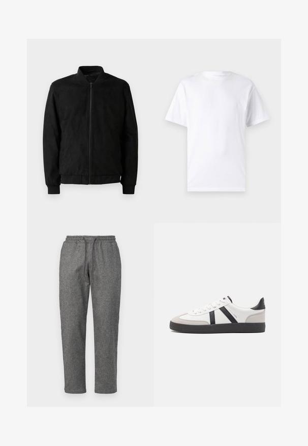 Μαύρο bomber jacket με φερμουάρ, ριμπ γιακά και μανίκια, και λεία υφή. Φτιαγμένο από ανθεκτικό, μαλακό υλικό.; Λευκό κοντομάνικο μπλουζάκι από βαμβάκι με στρογγυλή λαιμόκοψη, διαθέτοντας λεία υφή και απλό σχέδιο χωρίς μοτίβα ή διακοσμήσεις.; Γκρι, πλεκτές φόρμες με ζωνάκι που ρυθμίζεται, στενές μανσέτες και μια διακριτική υφασμάτινη υφή σε όλη την επιφάνεια.; Λευκό αθλητικό παπούτσι με μαύρες και γκρί λεπτομέρειες, featuring ένα υφή γκρί καλύμμα δαχτύλου, μαύρη καουτσούκ σόλα και επίπεδες λευκές κορδόνες. Καθαρός σχεδιασμός, μινιμαλιστικό στυλ.