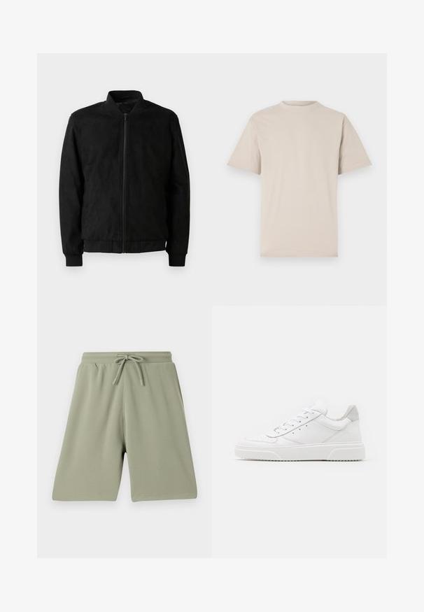 Chaqueta bomber negra con cierre de cremallera, cuello y puños acanalados, y textura suave. Fabricada con un material duradero y suave.; Camiseta de manga corta beige, con cuello redondo, hecha de una suave tela de algodón, que presenta un corte relajado y sin patrones o adornos visibles.; Pantalones cortos verde claro hechos de una tela texturizada con cintura elástica y cordón. Corte recto y diseño hasta la rodilla.; Zapatillas de cuero blanca con un acabado suave, punta redondeada, cordones planos y una suela texturada. Acento de ante gris en el talón.