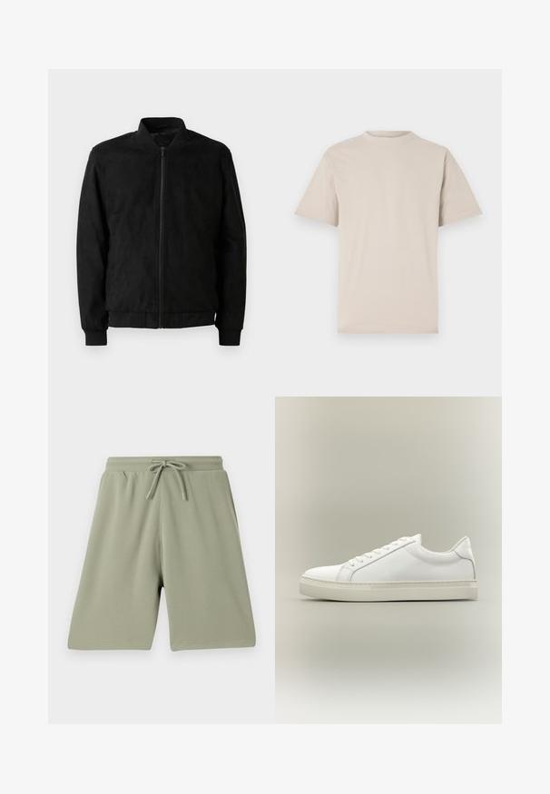 Zwarte bomberjack met ritssluiting, ribbelkraag en -manchetten, en een gladde textuur. Gemaakt van een duurzame, zachte stof.; Beige t-shirt met korte mouwen, ronde hals, gemaakt van een gladde katoenstof, met een relaxed fit en zonder zichtbare patronen of versieringen.; Lichtgroene shorts van een textuurstof met een elastische tailleband en trekkoord. Rechte snit en knielange ontwerp.; Witte lage sneaker met veters aan de voorkant en dikke zool, zijaanzicht tegen een neutrale achtergrond.