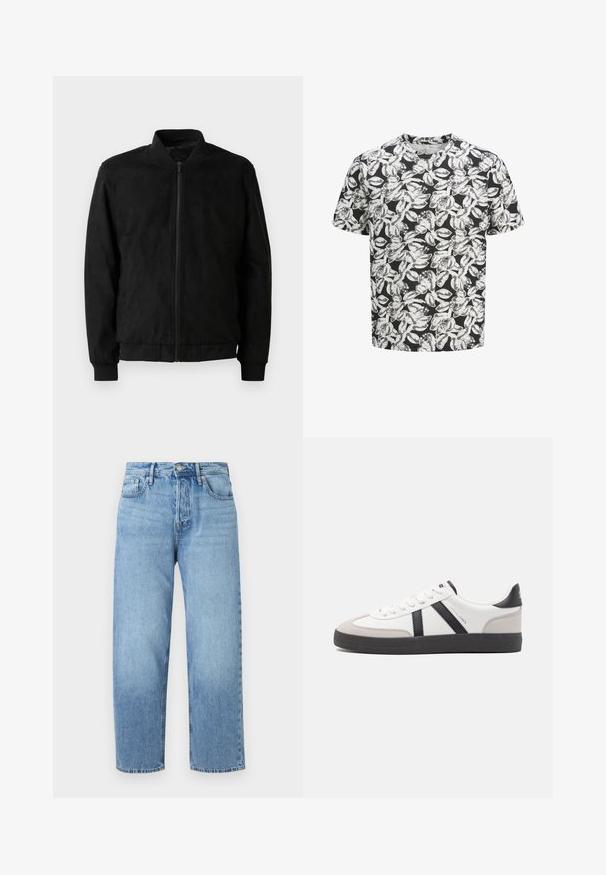 Μαύρο bomber jacket με φερμουάρ, ριμπ γιακά και μανίκια, και λεία υφή. Φτιαγμένο από ανθεκτικό, μαλακό υλικό.; T-shirt κοντού μανικιού από μαλακό ύφασμα με μαύρο φόντο και λευκό σχέδιο φύλλων σε όλη την επιφάνεια. Στρογγυλή λαιμόκοψη, άνετη εφαρμογή.; Ανοιχτό μπλε τζιν παντελόνι με ίσια γραμμή, ψηλή μέση, πέντε τσέπες και διακριτική φθορά. Διαθέτει κλείσιμο με κουμπί και θηλιές για ζώνη.; Λευκό αθλητικό παπούτσι με μαύρες και γκρί λεπτομέρειες, featuring ένα υφή γκρί καλύμμα δαχτύλου, μαύρη καουτσούκ σόλα και επίπεδες λευκές κορδόνες. Καθαρός σχεδιασμός, μινιμαλιστικό στυλ.
