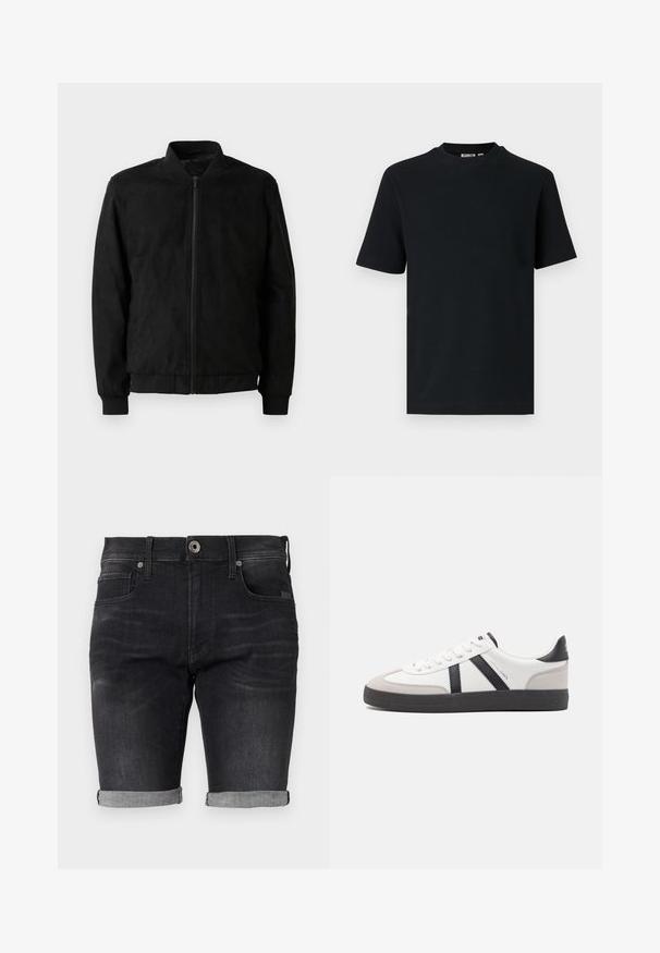Chaqueta bomber negra con cierre de cremallera, cuello y puños acanalados, y textura suave. Fabricada con un material duradero y suave.; Camiseta negra de manga corta con tejido de canalé, cuello redondo y una pequeña etiqueta visible en el interior del cuello.; Pantalones cortos de mezclilla negra con un diseño ajustado, dobladillos enrollados y una cinturilla clásica que cuenta con un cierre de botón delantero y bolsillos laterales.; Zapatilla blanca con acentos en negro y gris, que presenta una puntera texturizada en gris, suela de goma negra y cordones planos blancos. Diseño limpio, estilo minimalista.