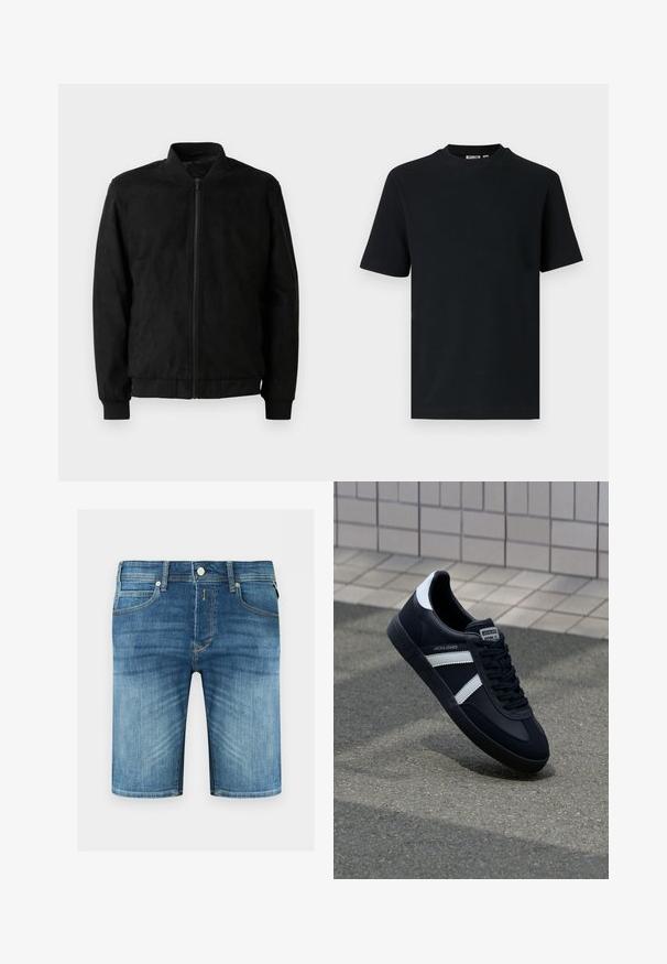 Veste bomber noire avec fermeture éclair, col et poignets côtelés, et texture lisse. Fabriquée dans un matériau durable et doux.; T-shirt noir à manches courtes en maille côtelée avec col rond et une petite étiquette visible à l'intérieur du col.; Shorts en denim bleu pour homme avec bouton devant, fermeture éclair, passants de ceinture et détails délavés sur les cuisses et les poches.; Sneaker en cuir noir avec des rayures blanches, semelle en caoutchouc texturée et devant à lacets. Présente une étiquette de marque sur la languette.