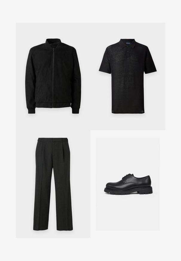 Chaqueta bomber negra con cierre de cremallera, cuello y puños acanalados, y textura suave. Fabricada con un material duradero y suave.; Camiseta polo negra hecha de un tejido de punto texturizado. Presenta mangas cortas, un cuello y una tapeta con tres botones. Diseño ligero, ajuste casual.; Pantalones de pierna ancha negros con cintura elástica, frente plisado y textura suave. Sin patrones visibles ni detalles metálicos.; Zapato negro de cuero con cordones, suela gruesa con tacos, puntera redondeada y detalles cosidos, mostrado de perfil sobre un fondo liso.