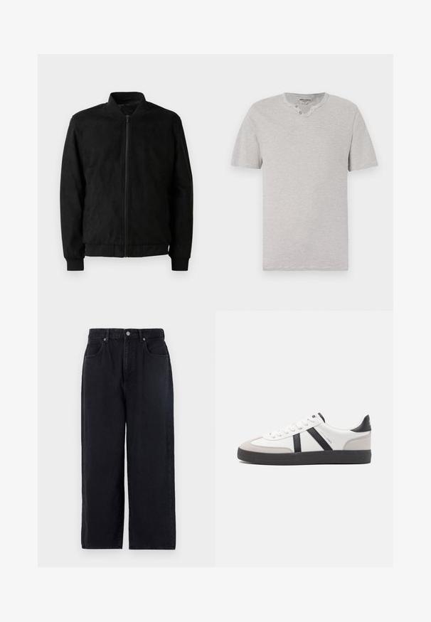 Μαύρο bomber jacket με φερμουάρ, ριμπ γιακά και μανίκια, και λεία υφή. Φτιαγμένο από ανθεκτικό, μαλακό υλικό.; Μπλουζάκι κοντομάνικο, γκρι και λευκό ριγέ, με στρογγυλή λαιμόκοψη και λεπτομέρεια με δύο κουμπιά στο λαιμό. Μαλακό ύφασμα με άνετη εφαρμογή.; Μαύρο τζιν παντελόνι με ίσια γραμμή, διαθέτει πέντε τσέπες, κλείσιμο με κουμπί και καθαρό φινίρισμα. Ανθεκτικό ύφασμα με ματ υφή.; Λευκό αθλητικό παπούτσι με μαύρες και γκρί λεπτομέρειες, featuring ένα υφή γκρί καλύμμα δαχτύλου, μαύρη καουτσούκ σόλα και επίπεδες λευκές κορδόνες. Καθαρός σχεδιασμός, μινιμαλιστικό στυλ.