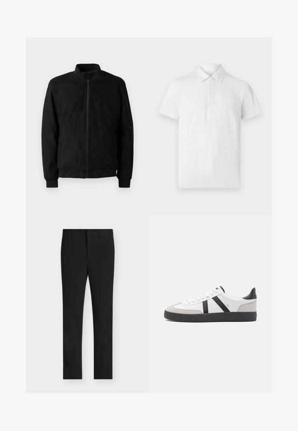 Μαύρο bomber jacket με φερμουάρ, ριμπ γιακά και μανίκια, και λεία υφή. Φτιαγμένο από ανθεκτικό, μαλακό υλικό.; Λευκό πόλο μπλουζάκι κοντό μανίκι με μικρό γεωμετρικό μοτίβο, τρία κουμπιά στον γιακά και κλασική εφαρμογή. Φτιαγμένο από αναπνεύσιμο ύφασμα.; Μαύρο παντελόνι στενής εφαρμογής με θηλιές ζώνης, μπροστινό φερμουάρ και επίπεδη μπροστινή όψη, εμφανίζεται σε ανοιχτό γκρι φόντο.; Λευκό αθλητικό παπούτσι με μαύρες και γκρί λεπτομέρειες, featuring ένα υφή γκρί καλύμμα δαχτύλου, μαύρη καουτσούκ σόλα και επίπεδες λευκές κορδόνες. Καθαρός σχεδιασμός, μινιμαλιστικό στυλ.