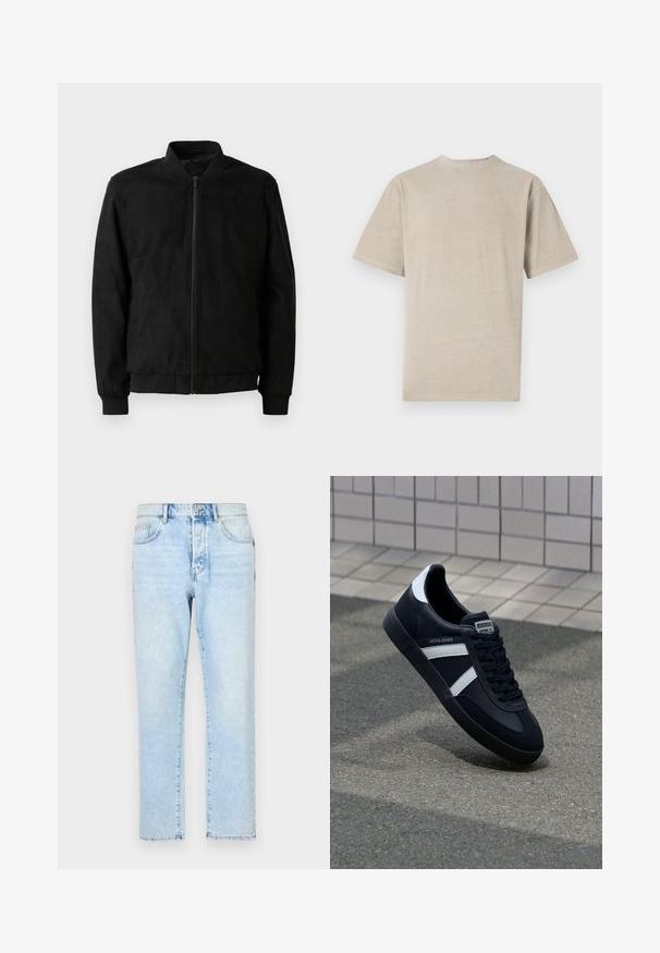 Zwarte bomberjack met ritssluiting, ribbelkraag en -manchetten, en een gladde textuur. Gemaakt van een duurzame, zachte stof.; Korte mouwen t-shirt in licht beige met een ronde hals, gemaakt van zacht materiaal, met een gladde textuur en een eenvoudig ontwerp zonder graphics.; Lichtblauwe spijkerbroek met een recht pijpdesign, vervaagde textuur en traditionele vijf-vakken stijl. Voorzijde met ritssluiting en knoopsluiting.; Zwarte leren sneaker met witte strepen, een gestructureerde rubberen zool en vetersluiting aan de voorkant. Voorzien van een merklabel op de tong.