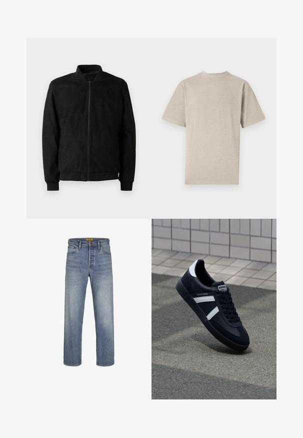 Zwarte bomberjack met ritssluiting, ribbelkraag en -manchetten, en een gladde textuur. Gemaakt van een duurzame, zachte stof.; Korte mouwen t-shirt in licht beige met een ronde hals, gemaakt van zacht materiaal, met een gladde textuur en een eenvoudig ontwerp zonder graphics.; Lichtblauwe rechte jeans gemaakt van denim, met een vervaagde wassing, vijf zakken, riemlussen en een rits met knoopsluiting.; Zwarte leren sneaker met witte strepen, een gestructureerde rubberen zool en vetersluiting aan de voorkant. Voorzien van een merklabel op de tong.