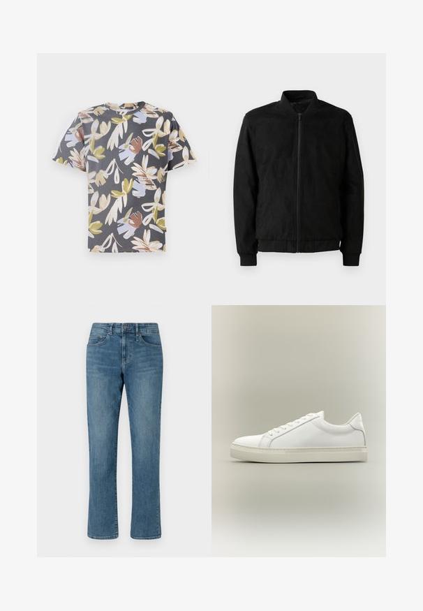 Chaqueta bomber negra con cierre de cremallera, cuello y puños acanalados, y textura suave. Fabricada con un material duradero y suave.; Camiseta de manga corta en gris oscuro con un patrón floral que presenta tonos de beige, azul claro y verde. Confeccionada en una tela suave.; Vaqueros de mezclilla azul claro con un diseño de pierna recta, una cinturilla estándar y costuras visibles. Cuenta con cinco bolsillos y una cremallera.; Zapatilla blanca de perfil bajo con cordones en la parte delantera y suela gruesa, mostrada de lado sobre un fondo neutro.