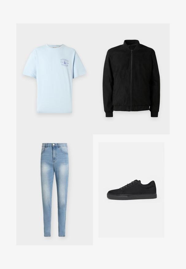 Μαύρο bomber jacket με φερμουάρ, ριμπ γιακά και μανίκια, και λεία υφή. Φτιαγμένο από ανθεκτικό, μαλακό υλικό.; Ανοιχτό μπλε κοντομάνικο μπλουζάκι με ένα μικρό μοβ γραφικό "ONLY & SONS NOODLES" και ένα μπολ με ζυμαρικά στο στήθος.; Γαλάζια τζιν ψηλόμεση με λεπτή εφαρμογή από υφάσμα denim. Με λεπτομέρειες ξεθωριάσματος, πέντε τσέπες και κλείσιμο με μεταλλικό κουμπί.; Μαύρο sneaker χαμηλού τύπου με κορδόνια εμπρός και επίπεδη λαστιχένια σόλα, εμφανίζεται από το πλάι σε λευκό φόντο.