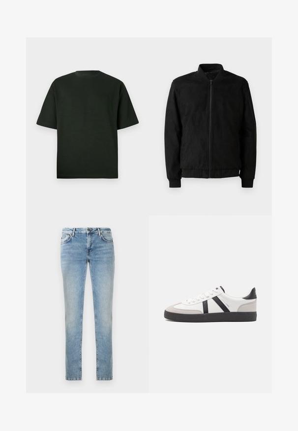 Μαύρο bomber jacket με φερμουάρ, ριμπ γιακά και μανίκια, και λεία υφή. Φτιαγμένο από ανθεκτικό, μαλακό υλικό.; Σκούρο πράσινο κοντομάνικο μπλουζάκι με λαιμόκοψη. Φτιαγμένο από μαλακό ύφασμα, προσφέρει άνετη εφαρμογή χωρίς ορατά σχέδια ή λεπτομέρειες.; Ανοιχτό μπλε τζιν παντελόνι με ίσια γραμμή, με φθινοπωρινό φινίρισμα, μπροστινές τσέπες και αντίθετη ραφή. Καθαρό τελείωμα στις άκρες.; Λευκό αθλητικό παπούτσι με μαύρες και γκρί λεπτομέρειες, featuring ένα υφή γκρί καλύμμα δαχτύλου, μαύρη καουτσούκ σόλα και επίπεδες λευκές κορδόνες. Καθαρός σχεδιασμός, μινιμαλιστικό στυλ.