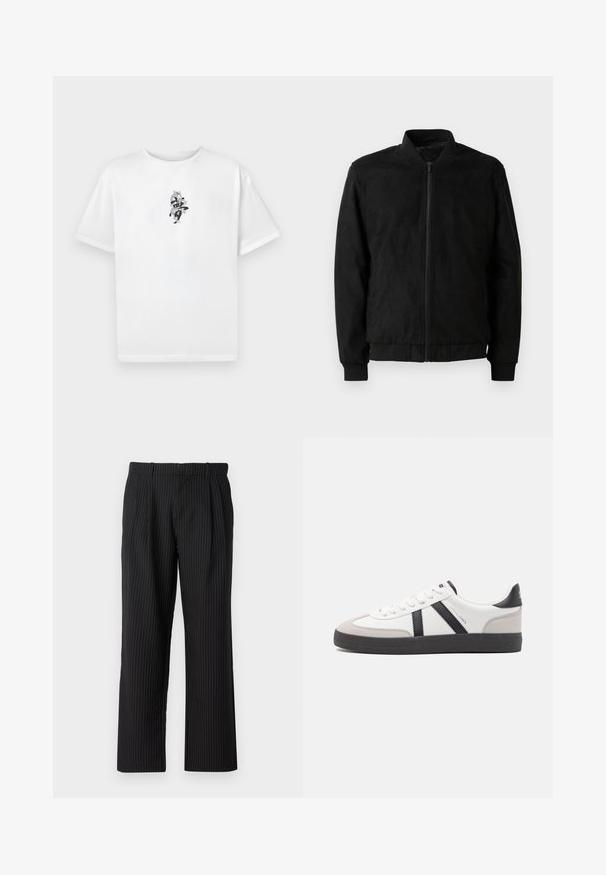Μαύρο bomber jacket με φερμουάρ, ριμπ γιακά και μανίκια, και λεία υφή. Φτιαγμένο από ανθεκτικό, μαλακό υλικό.; Λευκό βαμβακερό t-shirt με κοντά μανίκια και στρογγυλή λαιμόκοψη, διαθέτει μαύρο γραφικό σχέδιο στο κέντρο που παρουσιάζει αφηρημένα στοιχεία.; Jack & Jones JPSTBILL JJDAYTONA WIDE CHINO - Chinos - black; Λευκό αθλητικό παπούτσι με μαύρες και γκρί λεπτομέρειες, featuring ένα υφή γκρί καλύμμα δαχτύλου, μαύρη καουτσούκ σόλα και επίπεδες λευκές κορδόνες. Καθαρός σχεδιασμός, μινιμαλιστικό στυλ.