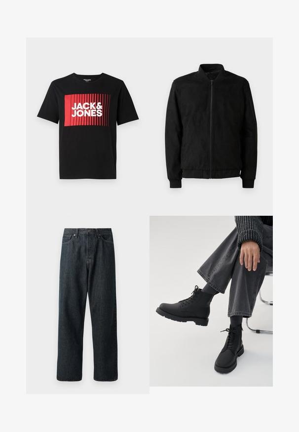 Sort bomberjakke med lynlås, ribbet krave og manchetter samt glat overflade. Fremstillet af et slidstærkt, blødt materiale.; Sort t-shirt med korte ærmer, der har et rødt rektangulært grafisk design med lodrette linjer og teksten "JACK & JONES" i hvid.; Mørk denimjeans med lige bendesign, der har en traditionel fem-lommeopbygning og en metalknaplukning i taljen.; Person sidder med krydsede ben iført sorte snørebåndsstøvler, mørke sokker, grå vidde bukser og en rippet mørk sweater på hvid baggrund.
